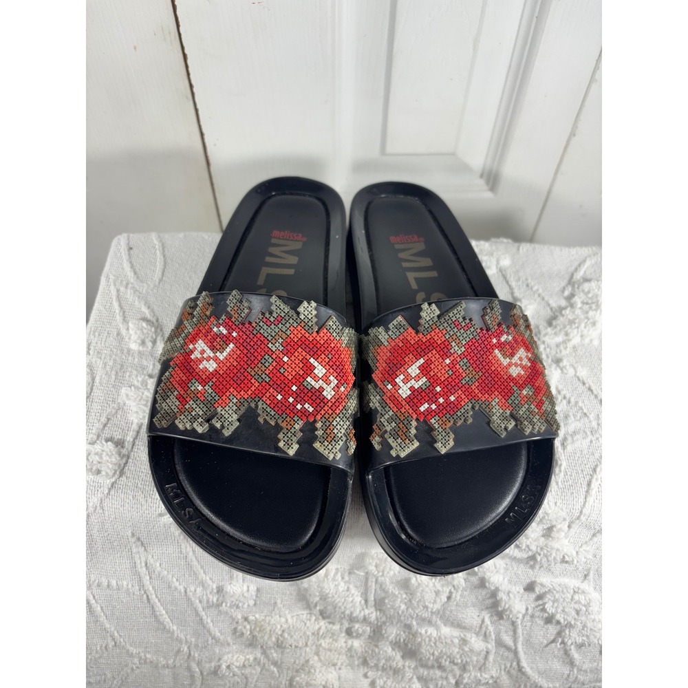Melissa MLSA Adorn Slide Sandals Black Floral‎ Beaded Embellished Women's 8
